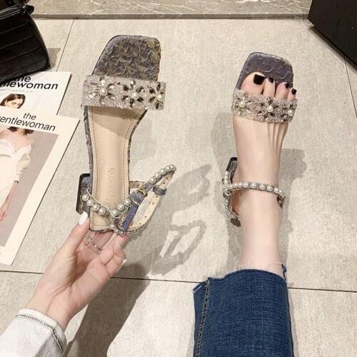 One word buckle sandals summer new style exquisite rhinestone fashion trend temperament mid-heel womens shoes