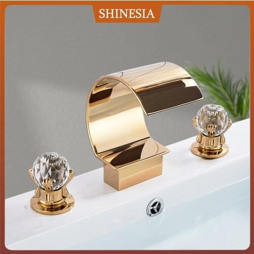 Shinesia Luxury Golden Bathroom Basin Faucet for Vessel Sink Crane Waterfall Hot and Cold Water Mixer Tap Dual Cristal Handle