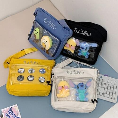 Japanese letters embroidered ita shoulder messenger bag Korean fashion girl canvas bag new casual transparent pain bag 2021