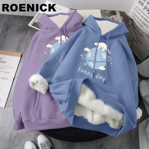 ROENICK Hoodies Sweatshirts Women Cartoon Printing Plus Velvet Thick Pullovers Womens Korean Loose Hooded Jacket Trendy Wild