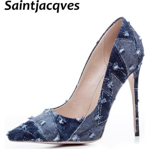Spring and Summer Mary Jane Womens High Heels Pointed Toe Denim Sexy Single Shoes Women Heels Shoes for Women