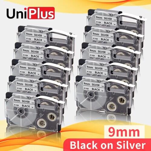 UniPlus Compatible Casio Label Tape 9mm XR-9SR Black on Silver 3/8" XR9SR Office Printer Ribbon for Casio Label Maker KLP350W