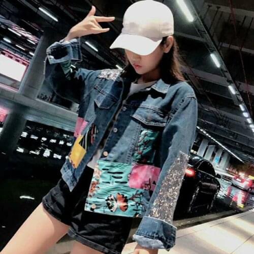 ] Korea Autumn Casual Trend Women Lapel Single-breasted Irregular Printing Fashion Long-sleeved Denim Jacket 2021 U105