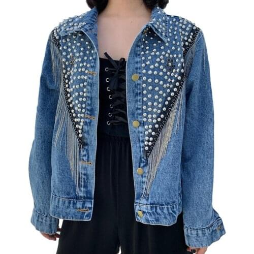 2020 Fashion womens short denim jacket korean loose beaded diamond tassel washed jeans jacket top students short outerwear 3166