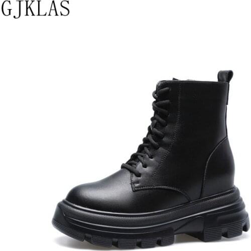 Platform Wedges Shoes for Women Ankle Boots Genuine Leather Fashion Casual Black White Shoes Woman High Heels Platform Boots