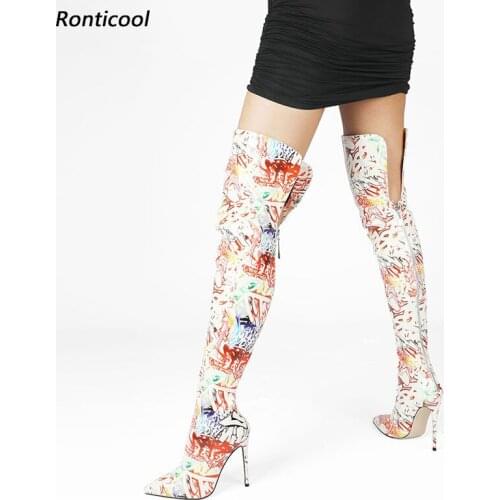 Ronticool Handmade Women Winter Over The Knee Boots Patent Graffiti Stiletto Heels Pointed Toe White Dress Shoes Us Size 5-15