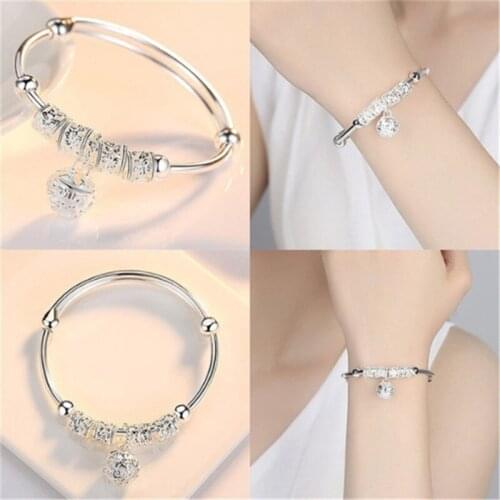 Ladies Bangle Charm Bracelet Gift Silver Color Beaded Jewellery Women
