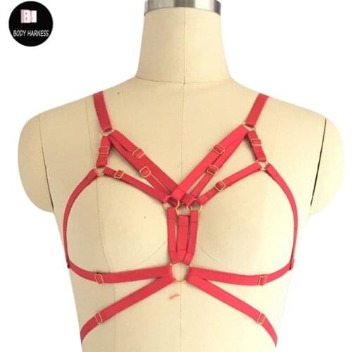 Pastel Goth Red Body Harness Rave Festival Crop Top Harness Cage Bra Sexy Lingerie Bustier Women Pole Dance Bondage Lingerie