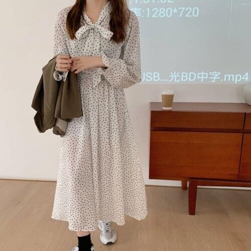 One-Piece Lace-Up Bow Neck Polka Dots Print Dress For Women 2021 Spring Elastic Waist Summer Dress Ladies Vestidos Female Dress