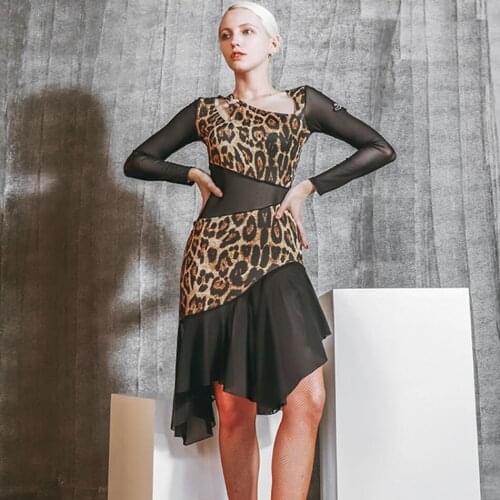 2020 New Long Sleeve Leopard Patchwork Lotus Design Latin Dance Dress Women Dancing Performance Dress Ballroom Samba Tango W626
