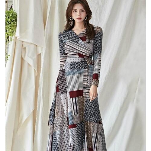 Big Swing Print Vintage Dress Women Long Sleeve Corset Midi Autumn Dress Women Bow Streetwear Winter Dress 2019 Robe Hiver Femme