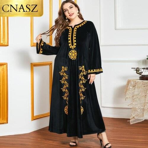 New Plus Size Womens Dress Floral Thick Velvet Gold Thread Embroidery Autumn and Winter Long-Sleeved Casual Loose Long Skirt
