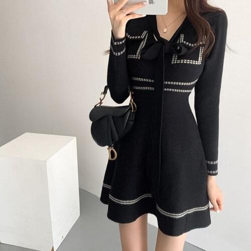 Knitted Mini Dress Women Bow Korean Style Long Sleeve Vintage Sweater Vestido Elegant Fall Winter Office A-line Vestidos