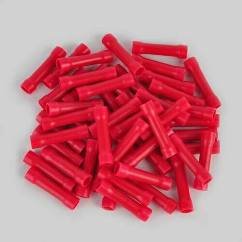 100 Pcs Red 22-16 AWG Butt Splice Insulated Crimp Terminals Straight Connector