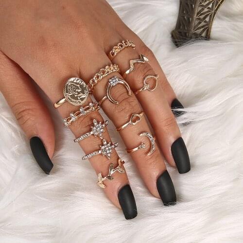 12 pcs/Set Bohemia Vintage Rings For Women Crystal Leaves flowers Star Crescent Geometric Female Finger Rings Set Jewelry