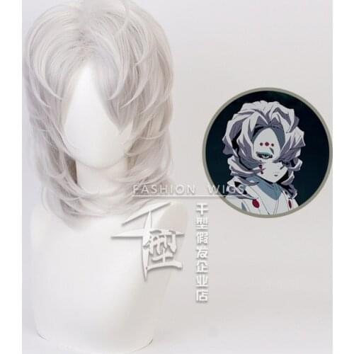 2020 Kimetsu no Yaiba Ayaki Rui Cosplay Wig Spider Demon Slayer Silver Gray Middle Part Facial Hair for Adult Halloween
