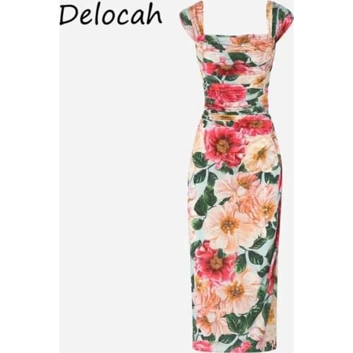 Delocah New 2021 Summer Women Fashion Runway Pencil Dress Sleeveless Elastic Waist Elegant Floral Printed Ladies Midi Dresses