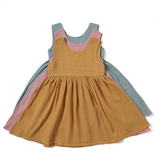 Children Princess Girl Yellow Cross Collar Summer Vest Linens Cotton Dress 2021 Casual Tutu Baby Dresses Infant Kids Clothing