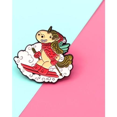 Happy animals horse skiing Enamel Brooch ski Scarf hat glove Curly mane Angel wings Lapel Pin Cartoon fun badge