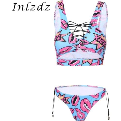 Erotic Sexy Lingerie Set Womens wo-Piece Lace-Up Lip Printed Swimwear Beachwear Bathing Suit Padded Bra Tank Top with Briefs