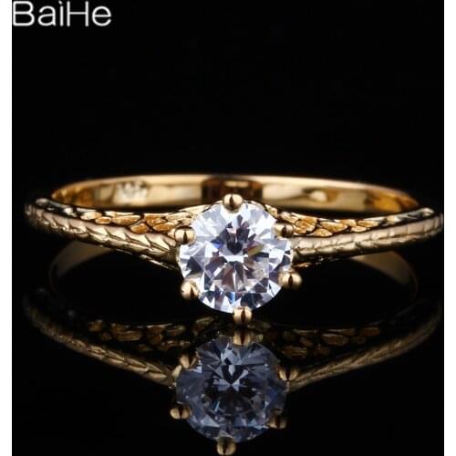BAIHE Solid 14K Yellow Gold(AU585) 0.9CT Certified Flawless Genuine AAA Graded Cubic Zirconia Engagement Women Fine Jewelry Ring