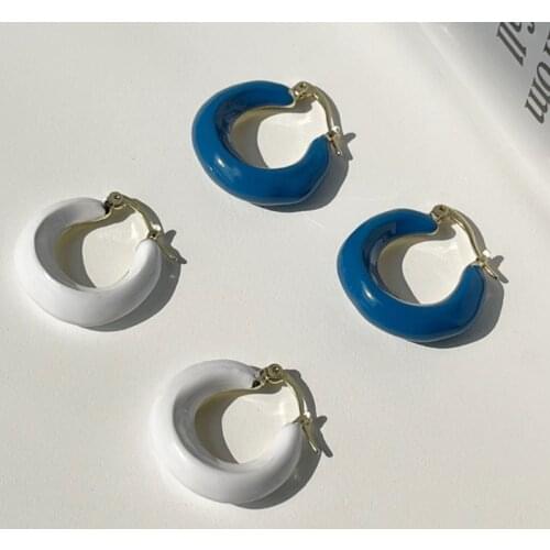 Lifefontier Vintage White Blue Glaze Hoop Earrings for Women Gold Color Metal Enamel Geometric Circle Earrings Korean Jewelry