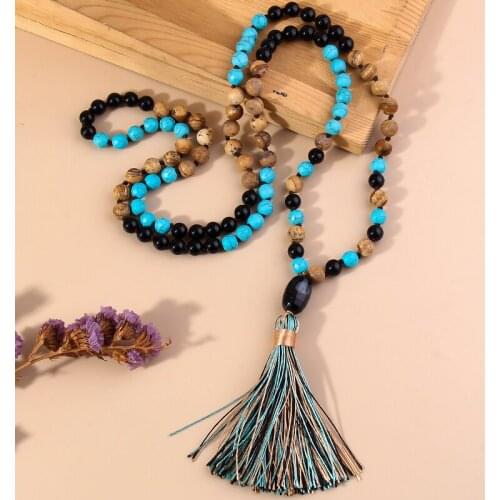 RH Fashion Bohemian Jewelry Accessory 108 Bead Multi Natural Stones Knotted Tassel Mala Necklaces Women Gift Dropship