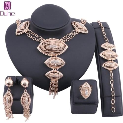 Fashion Nigerian Woman Wedding African Beads Jewelry Set Gold Color Fashion Dubai Bridal Gift Crystal Necklace Earring Ring