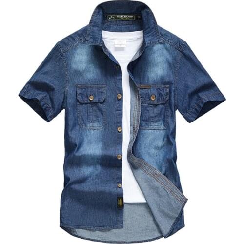 Mens Short Sleeve Solid Denim Shirt Classic Pocket Decoration T-shirt Men Business Shirt for Work Male Casual Summer Tops MY436