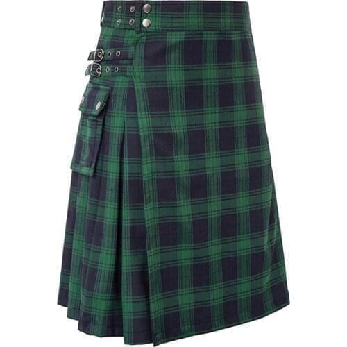 Mens Fashion Scottish Style Plaid Contrast Color Pocket Pleated Skirt Traditional Plaid Belt Pleated Scottish Tartan Skirt