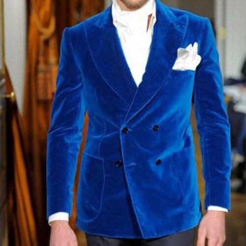 Royal Blue Velvet Slim fit Men Suits with Double Breasted for Wedding Prom Peaked Lapel Tailor made Groom Tuxedos Latest Style