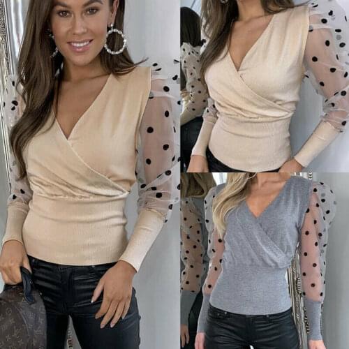 New Elegant womens tops and blouses V Neck Mesh Polka Long Sheer Puff Sleeve Top Pullover Blouse blusa feminina Shirt
