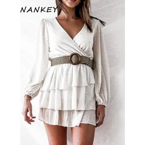 NANKEY Women Casual V Neck Solid Cotton Dress A-line Long Lantern Sleeve Elegant Spring Autumn Mini Dress