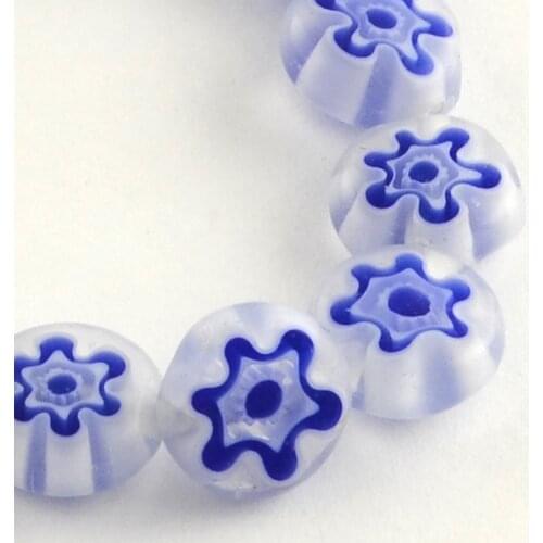 10 Strand Handmade Flat Round Millefiori Glass Beads Strands Blue 8x3mm, Hole: 1mm; about 50pcs/strand, 14.1"