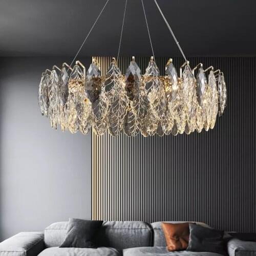 Nordic Light Luxury K9 Crystal Chandelier For Living Room Duplex Villa Bedroom Round Leaf Crystal Chandelier Villa Home Fixture