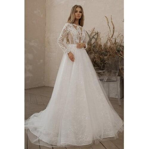 Luxurious Ivory Tulle Lace Appliques Long Sleeves Floor-Length Princess A-Line Wedding Dresses Custom Made Sweep /Brush Train