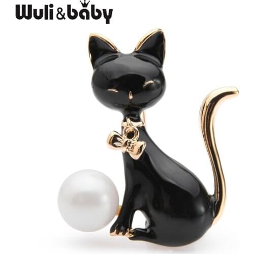 Wuli&baby Black White Cat Brooches Women Alloy Animal Enamel Brooch Pins