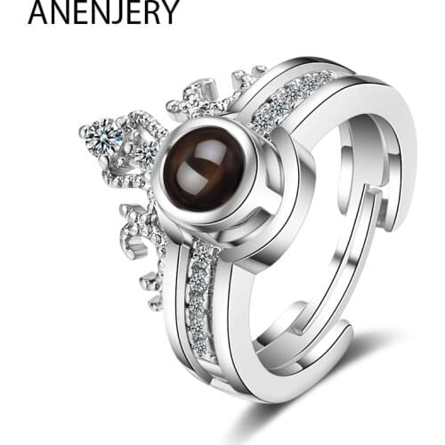 ANENJERY 925 Sterling Silver Crown Couple Rings Set Projection Rings For Women Gift S-R478