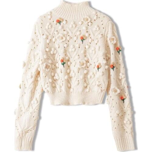 Winter Fall Womens Handmade Embroidered Turtleneck Pullover High Quality Hedging Jumpers Woolen Hand-Woven Embroidered Sweater