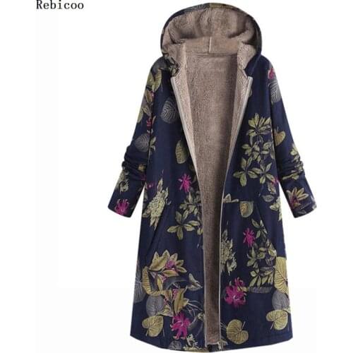 Fashion Womens coat Winter Warm coat women Outwear Floral Print Hooded Pockets Vintage Oversize Coats Womens
