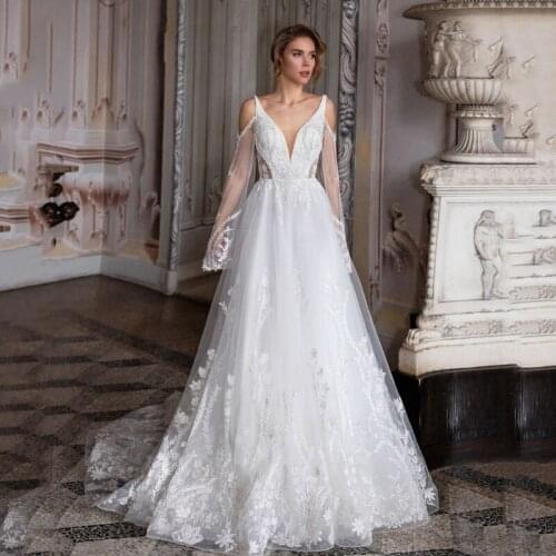 Thinyfull Princess V Neck A Line Wedding Dresses Off Shoulder Backless Court Train Bridal Gown Lace Appliques Vestido De Novia