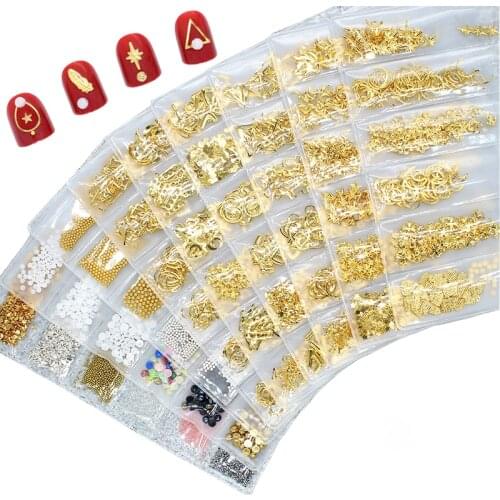 1bag 6 Shapes Nail Rivet Charm 3D Nail Art Decoration Straight/Curve Rods Nail Art Gold Rivet Alloy Metal Cylindri Studs Charm