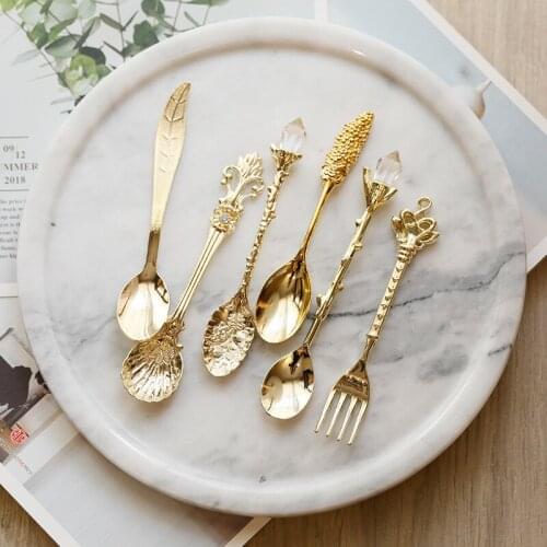 6Pcs Mini Royal Style Spoons Forks Vintage Metal Carved Coffee Fruit Dessert Cutlery Fork Tea Ice Cream Spoon Kitchen Flatware
