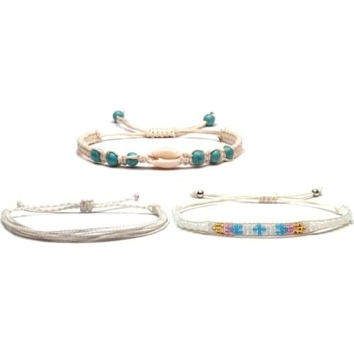 Boho Multistring Cowrie Seashell White Waxed Thread Miyuki Glass Seed Beads Crystal 3pcs Stackable Bracelet Women Surf Jewely