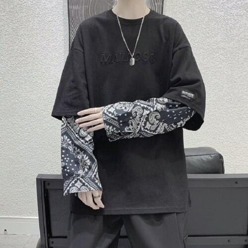 Fake Two-piece Long-sleeved T-shirt Mens Autumn Korean Version of The Trend of Cashew Flower Stitching Bottoming Shirt Harajuku