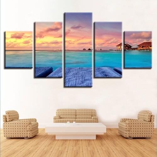 Canvas Painting 5 Pieces Hd Print Painting Poster Woods House Bridge Natural Seascape Canvas Picture Decor Living Room Wall Art
