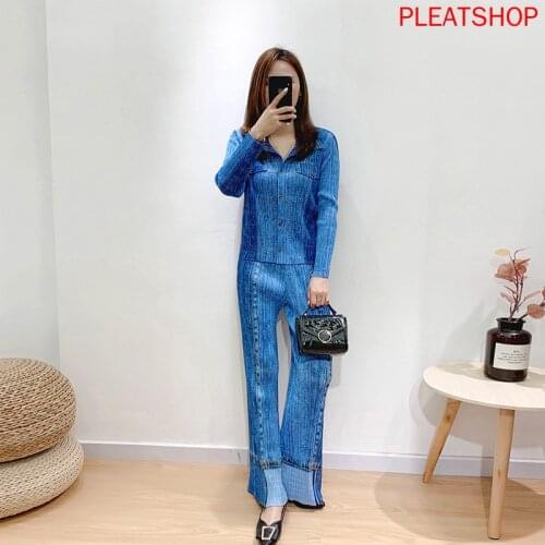 MIYAKE Pleated Denim Suit Autumn New Summer Large Size Slimming Two-Piece Set Modern and Trendy/Women Two Piece Set