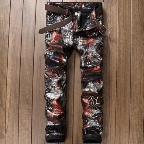 European Nightclub Style Mens Jeans Pants Straight Luxury Brand Zipper Patchwork Trousers Zipper Slim Red Print Jeans for Men