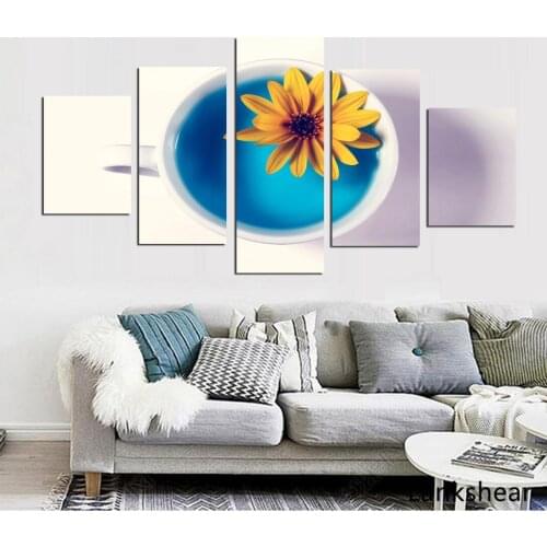 Canvas Wall Art Pictures Home Decor 5 Pieces Cup And Flower Paintings Modular HD Prints Poster Framed White Background For Home