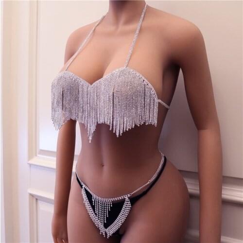 Newest Sexy Crystal Tassels Body Chain Cute Bikini Rhinestone Harness Underwear Fashion Bra Belly Chain Body Jewelry For Women